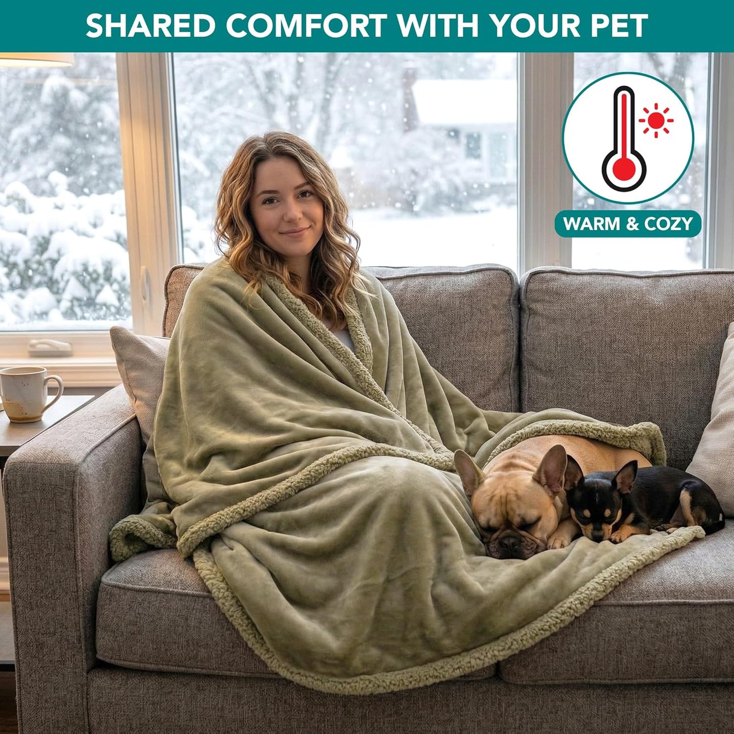 Waterproof Dog Blanket for Couch – Large 60” x 40” Reversible Sherpa Fleece Pet Throw, Taupe