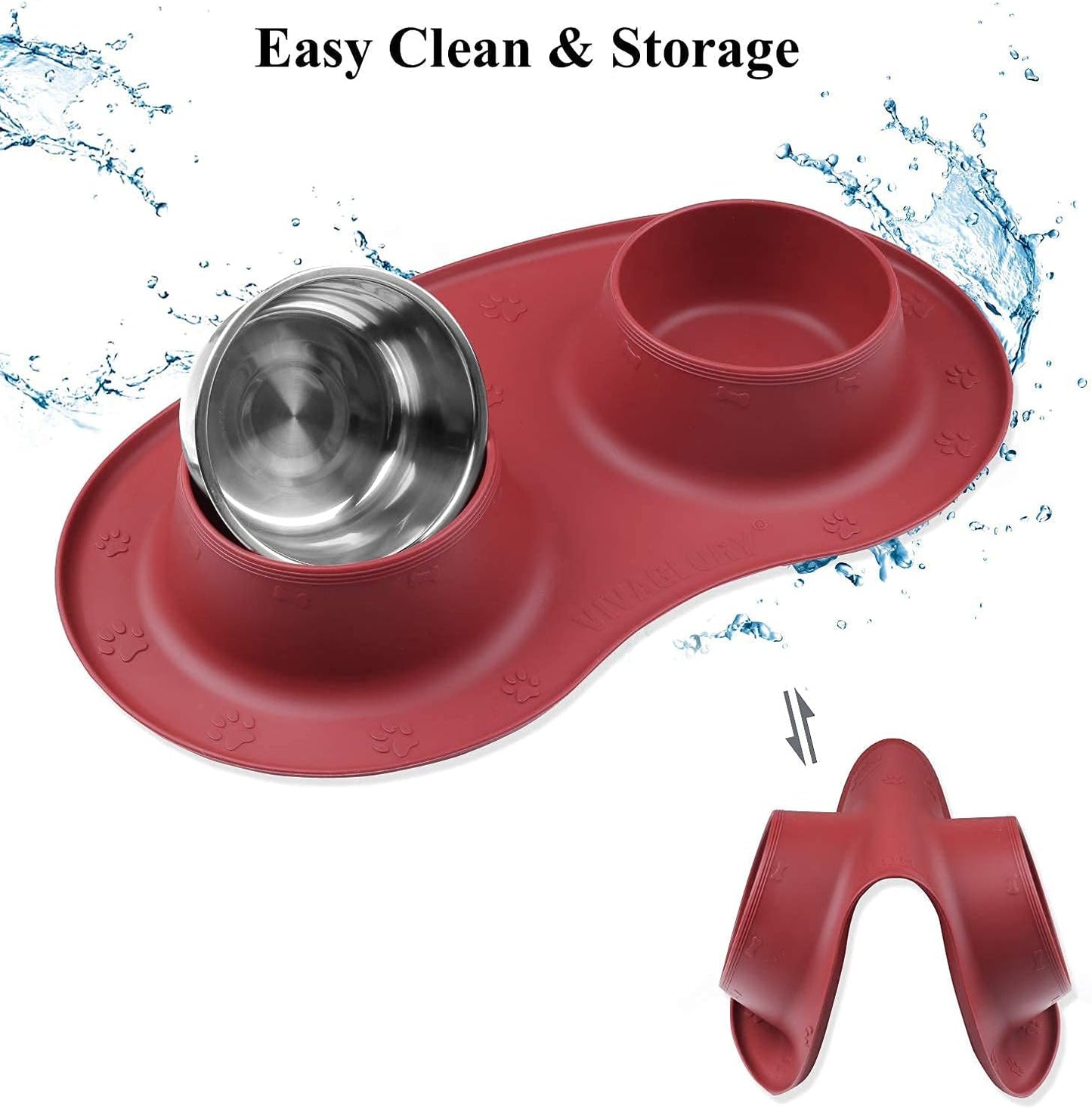 VIVAGLORY Double Dog Bowls with Non-Skid Silicone Mat – Burgundy
