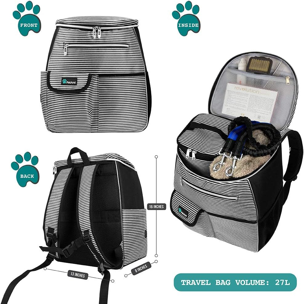 Pet Travel Backpack – Airline-Approved Pet Travel Bag with Food Containers and Collapsible Bowls, Stripe Black