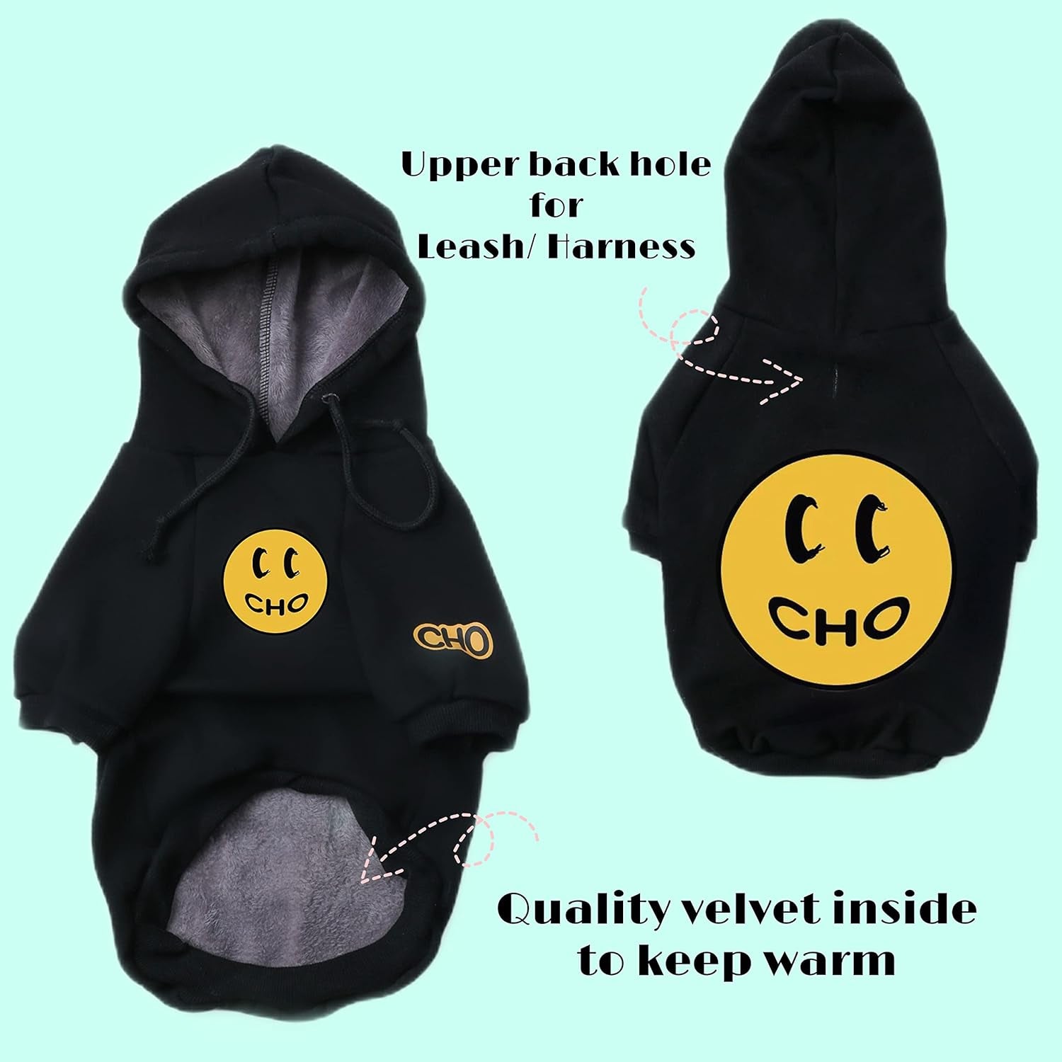 Smiley Face Dog Hoodie – Soft Cotton Pet Sweatshirt with Leash Hole for Dogs and Cats, Black 2XL
