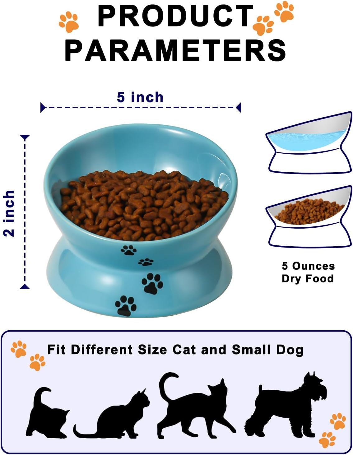 Elevated Ceramic Cat Bowl – Tilted Anti-Vomiting Raised Dish in Lake Blue