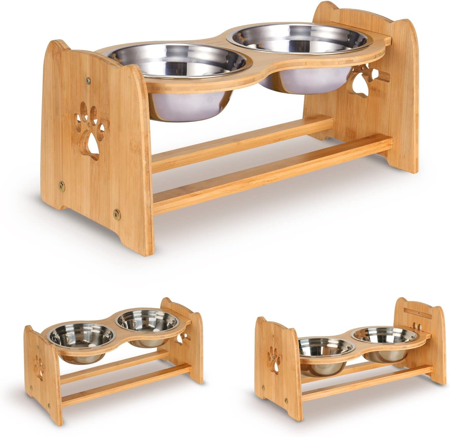Adjustable Bamboo Elevated Pet Bowls – Raised Dog & Cat Feeder with 2 Stainless Steel Bowls