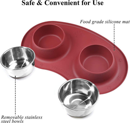 VIVAGLORY Double Dog Bowls with Non-Skid Silicone Mat – Burgundy