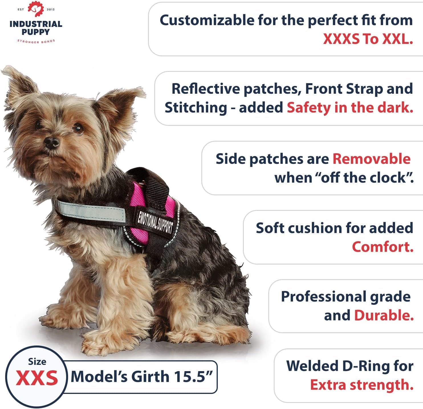Emotional Support Dog Vest – XXS Pink Reflective Harness with Removable Patches