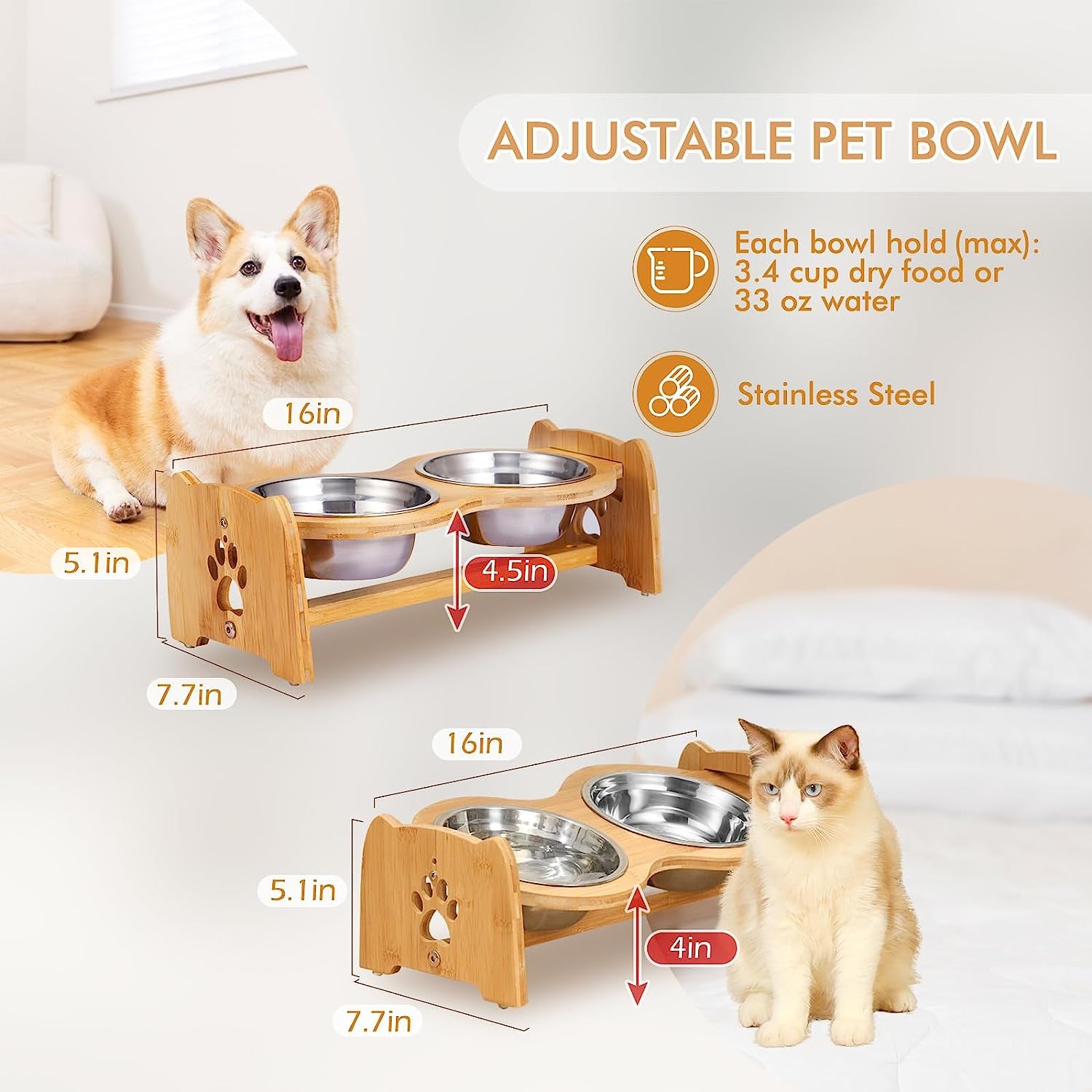 Adjustable Bamboo Raised Pet Bowls – Double Feeder for Small Dogs & Cats
