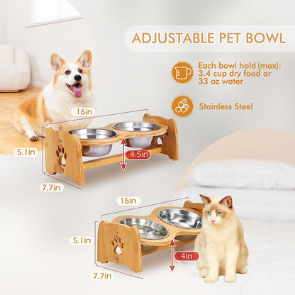 Adjustable Bamboo Raised Pet Bowls – Double Feeder for Small Dogs & Cats