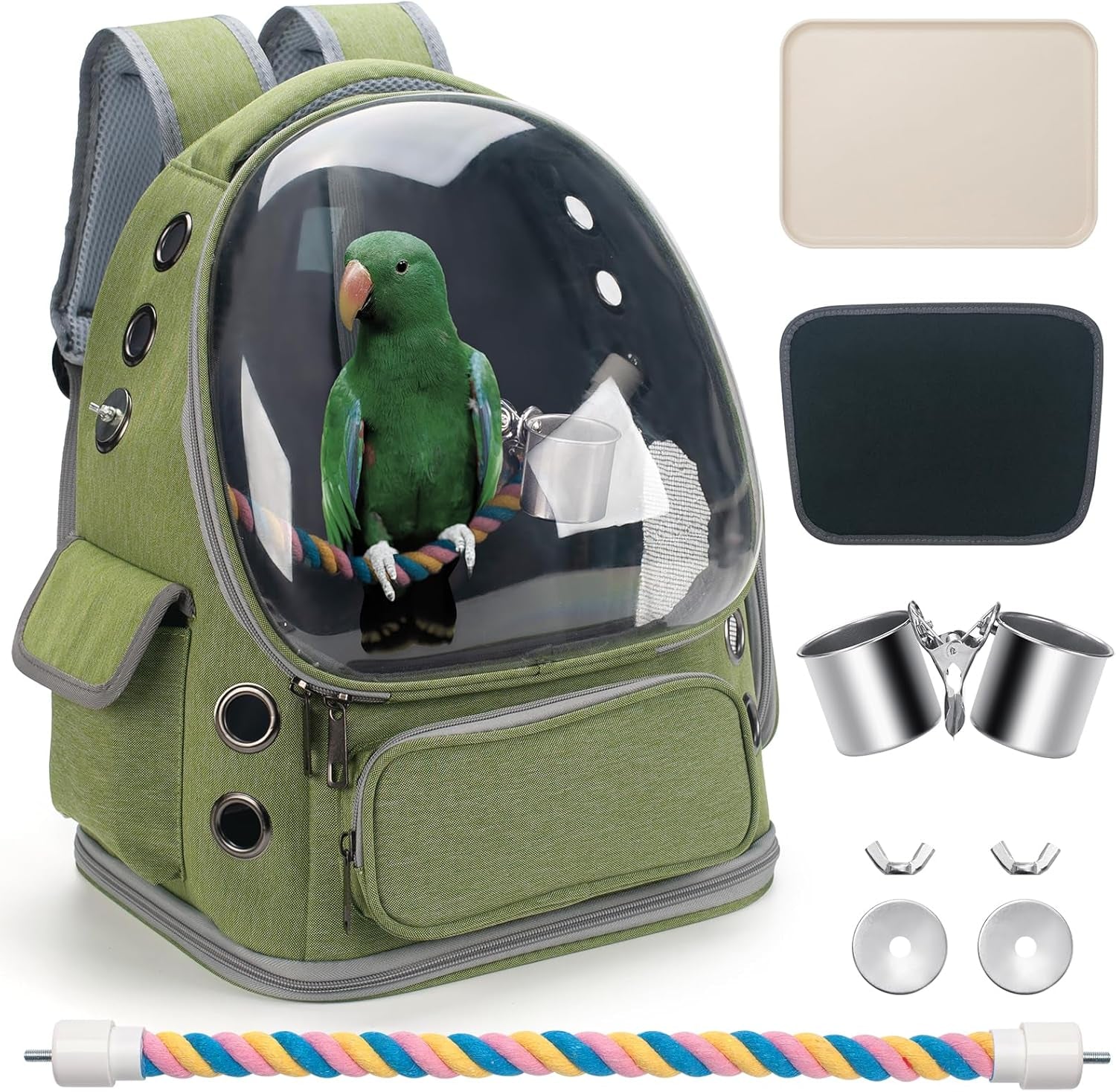 Bird Backpack Carrier – Travel Cage with Perch & Tray – Green