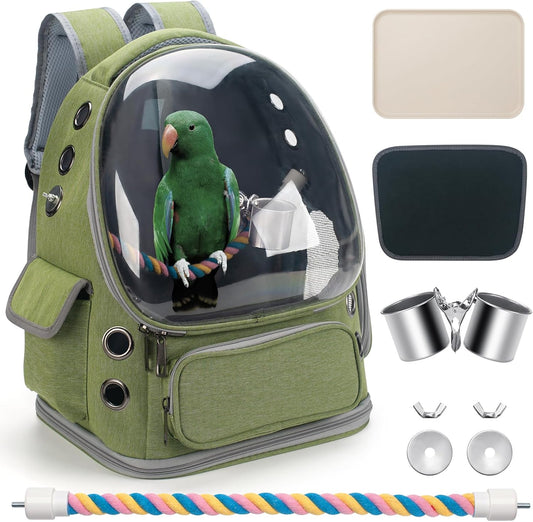 Bird Backpack Carrier – Travel Cage with Perch & Tray – Green