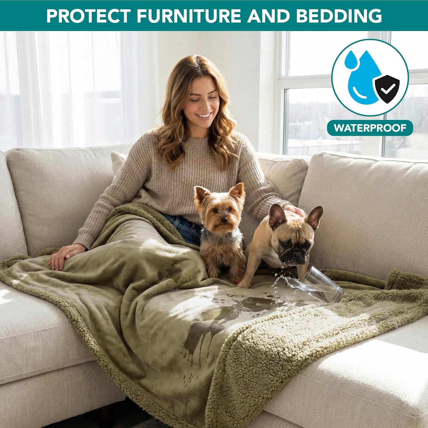 Waterproof Dog Blanket for Couch – Large 60” x 40” Reversible Sherpa Fleece Pet Throw, Taupe