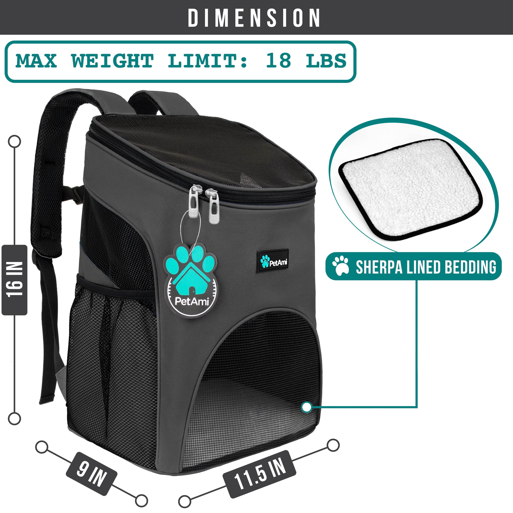 Cat Backpack Carrier – Ventilated Travel Bag for Cats & Small Dogs – Gray