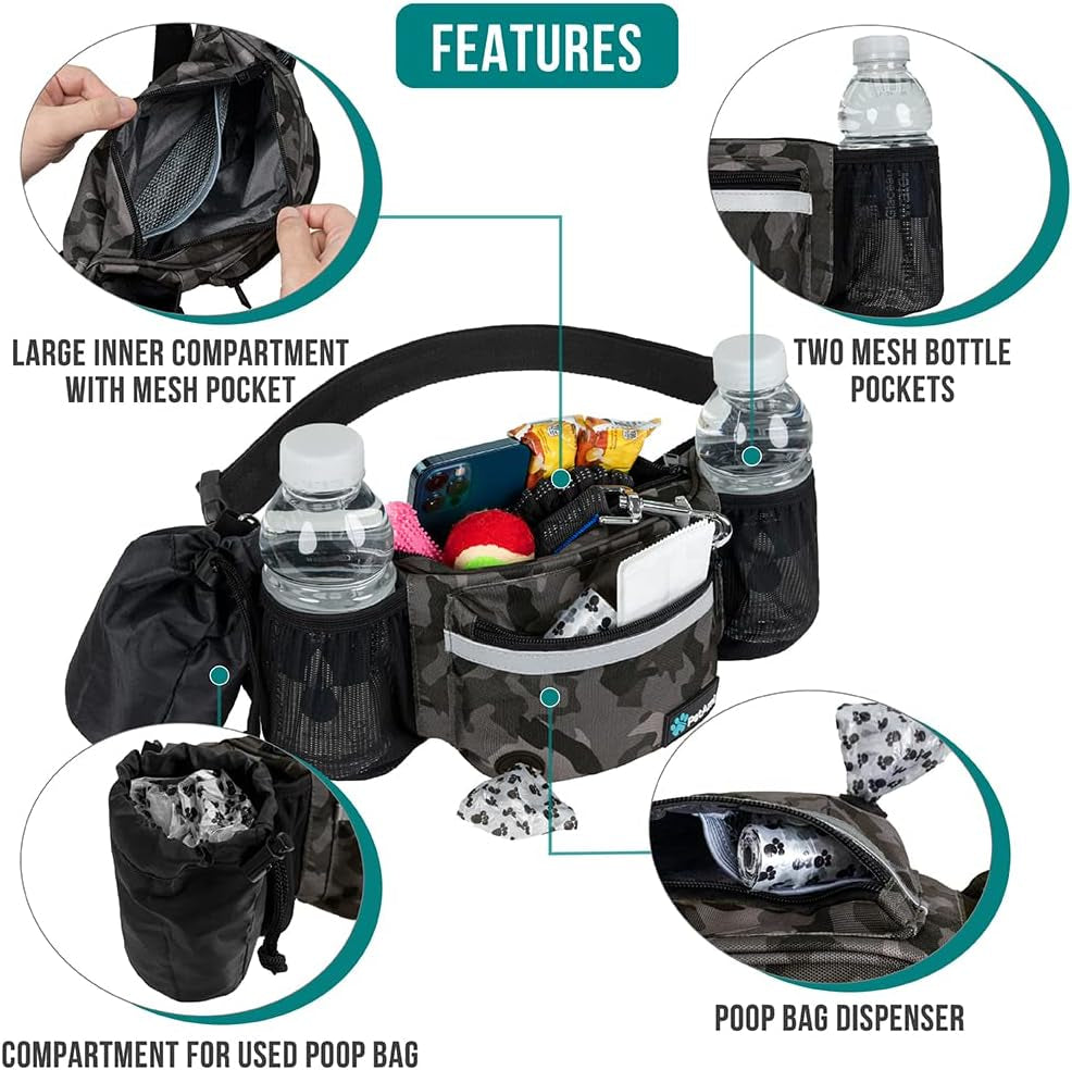 Dog Walking Fanny Pack – Treat Pouch with Poop Bag Dispenser, Water Bottle Holder, and Collapsible Bowl