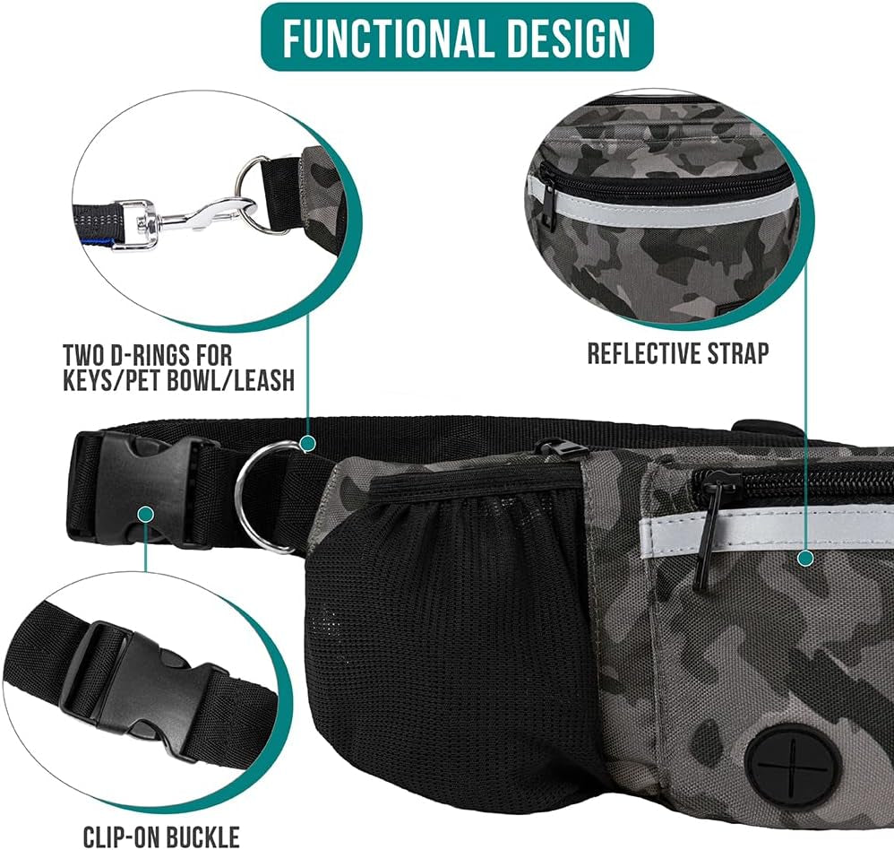 Dog Walking Fanny Pack – Treat Pouch with Poop Bag Dispenser, Water Bottle Holder, and Collapsible Bowl