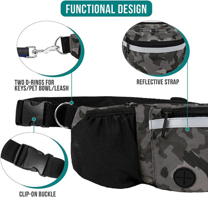 Dog Walking Fanny Pack – Treat Pouch with Poop Bag Dispenser, Water Bottle Holder, and Collapsible Bowl