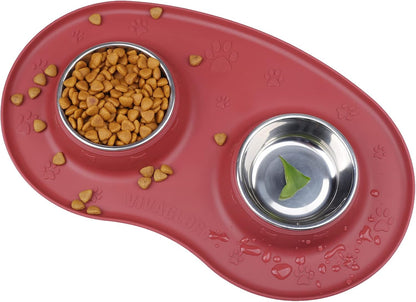 VIVAGLORY Double Dog Bowls with Non-Skid Silicone Mat – Burgundy