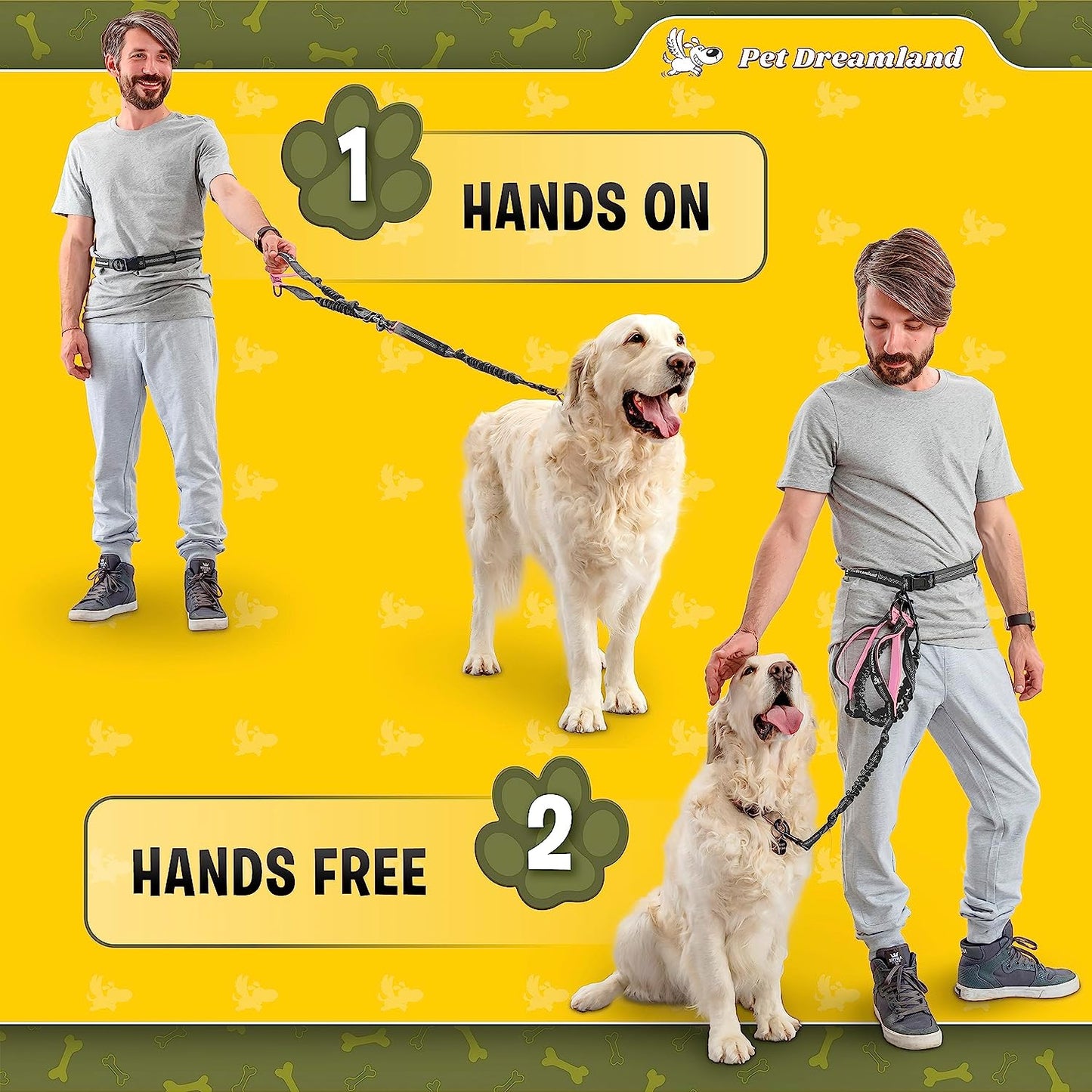 Hands-Free Dog Leash – XL Long Waist Running Leash with Bungee, Reflective Stitching, and Dual Handles