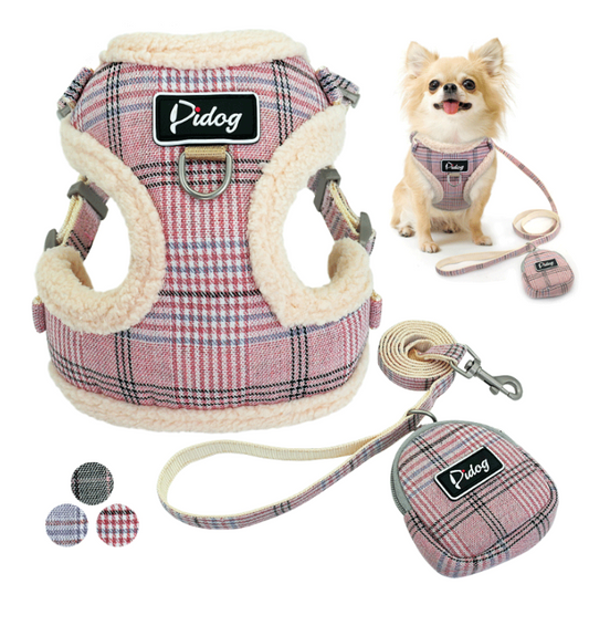 Plaid Dog Harness & Leash Set – Soft Walking Vest with Matching Pouch