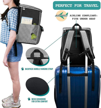 Pet Travel Backpack – Airline-Approved Pet Travel Bag with Food Containers and Collapsible Bowls, Stripe Black