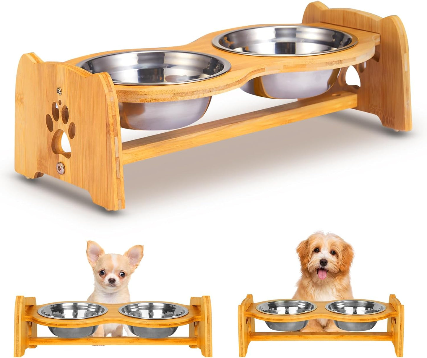 Adjustable Bamboo Raised Pet Bowls – Double Feeder for Small Dogs & Cats
