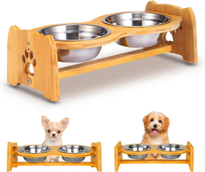 Adjustable Bamboo Raised Pet Bowls – Double Feeder for Small Dogs & Cats