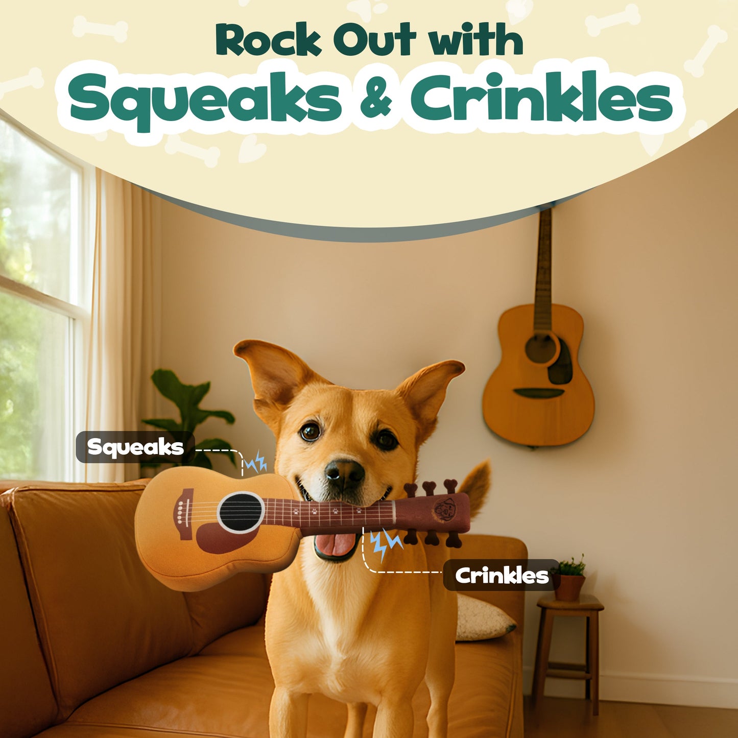 PupRoar Guitar Squeaky Plush Dog Toy with Crinkle