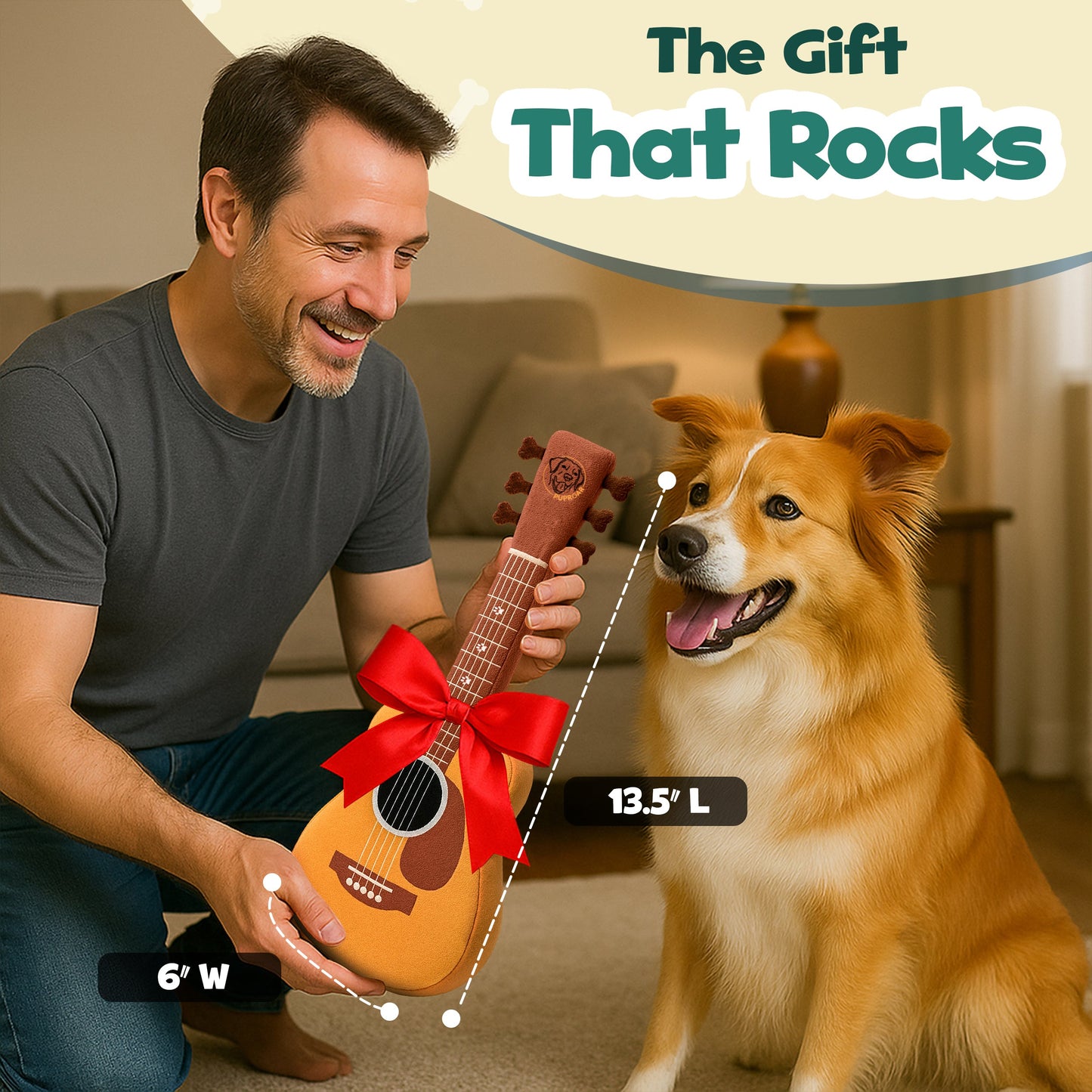PupRoar Guitar Squeaky Plush Dog Toy with Crinkle