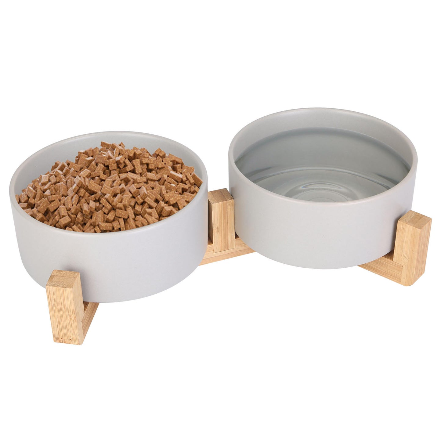 Double Ceramic Pet Bowls with Wooden Stand – Raised Feeder for Small Dogs & Cats