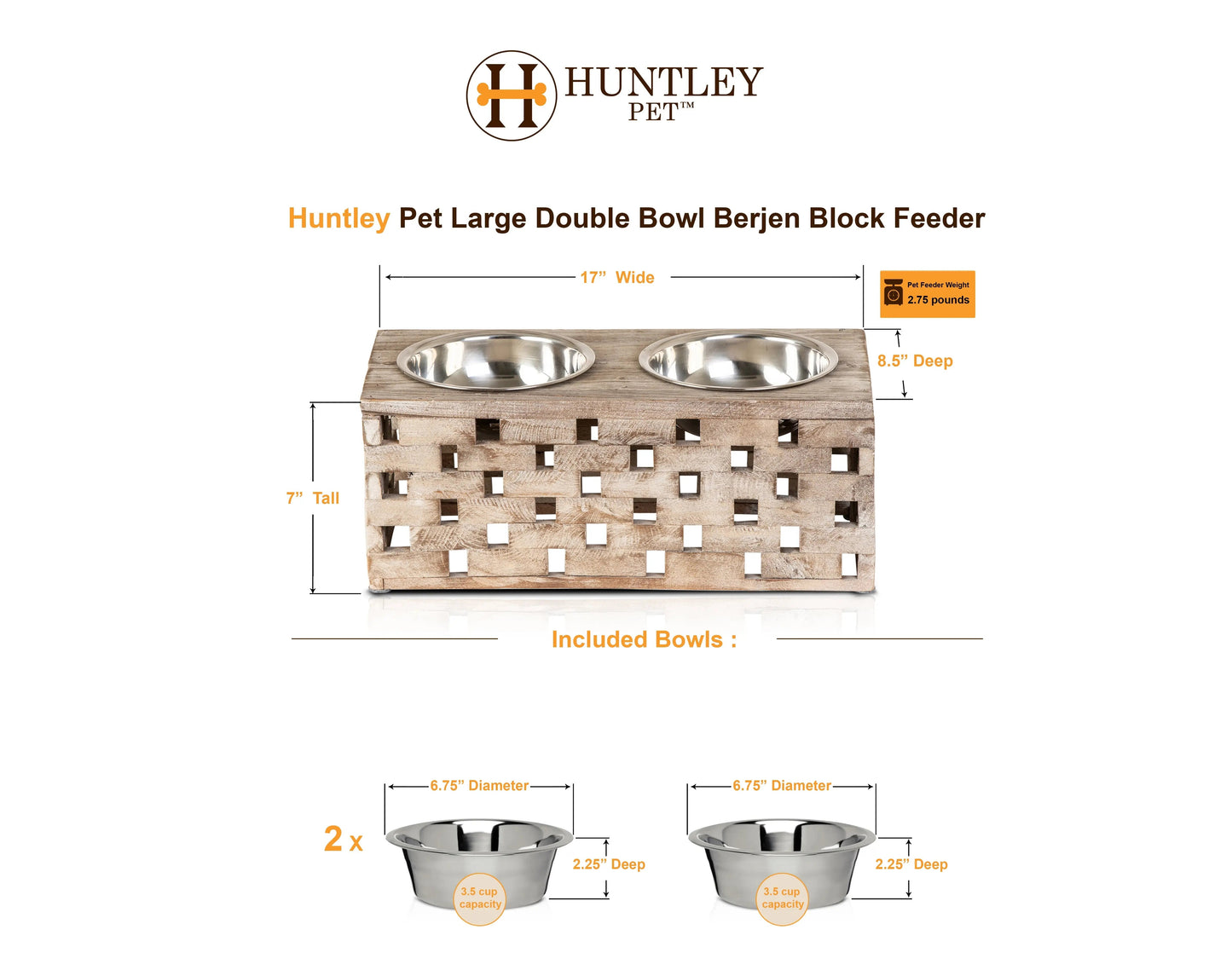 Huntley Pet Elevated Double Bowl Feeder – Raised Wood Dog &amp; Cat Feeding Station