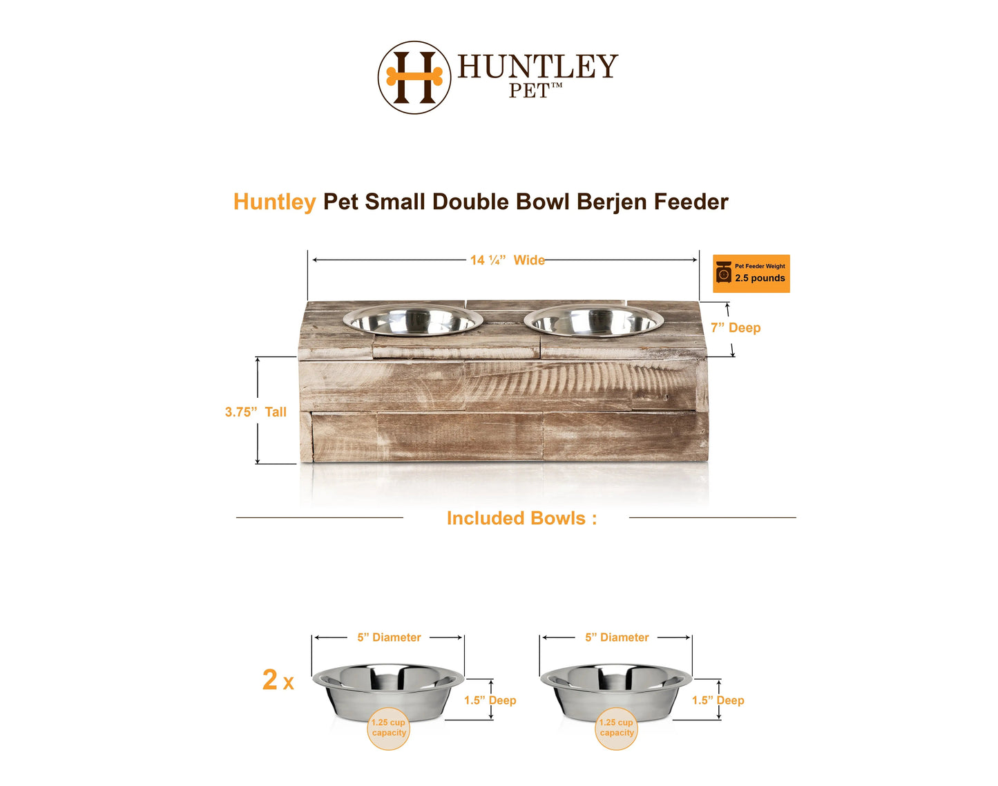 Huntley Pet Elevated Double Bowl Feeder – Raised Wood Dog &amp; Cat Feeding Station