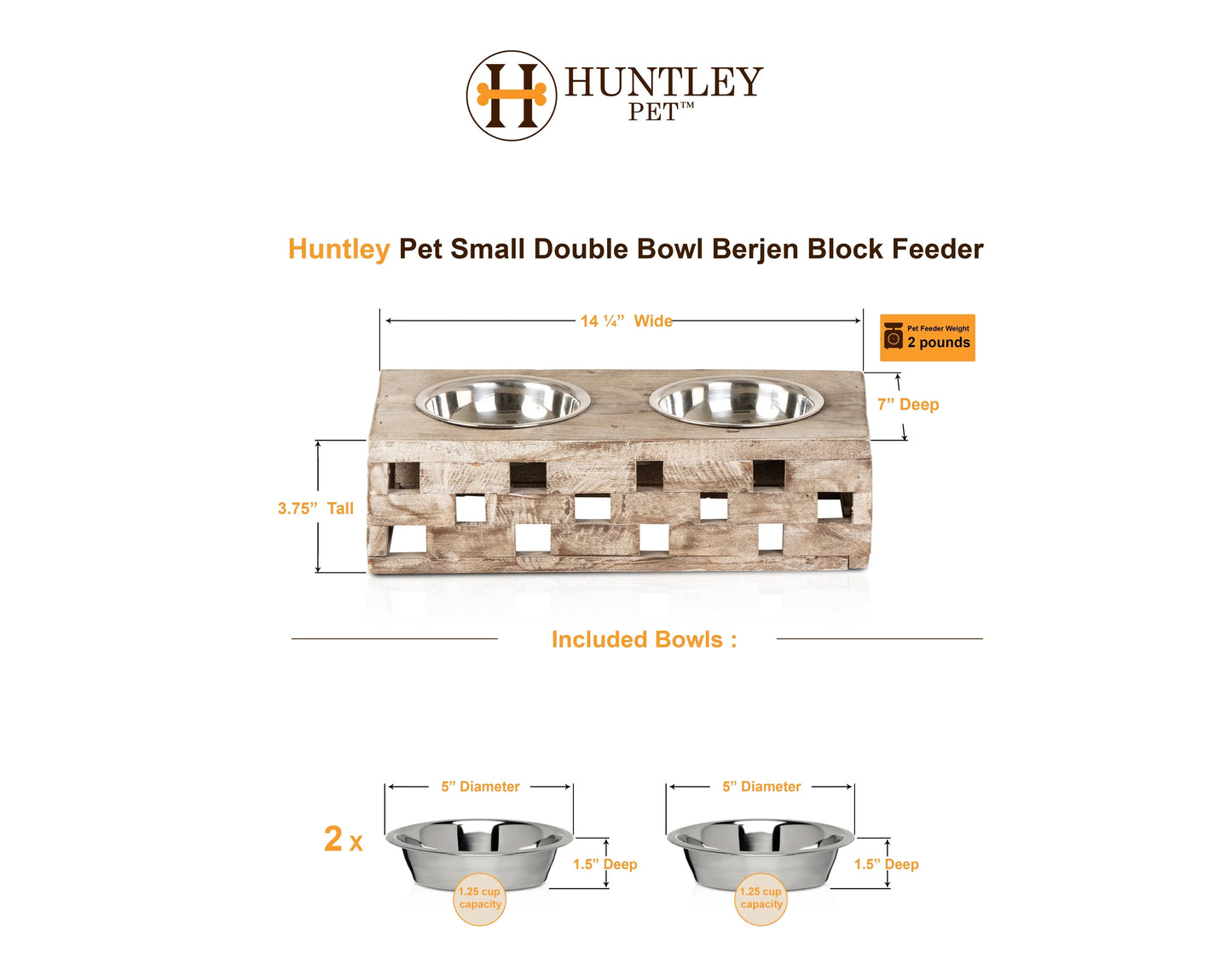 Huntley Pet Elevated Double Bowl Feeder – Raised Wood Dog &amp; Cat Feeding Station