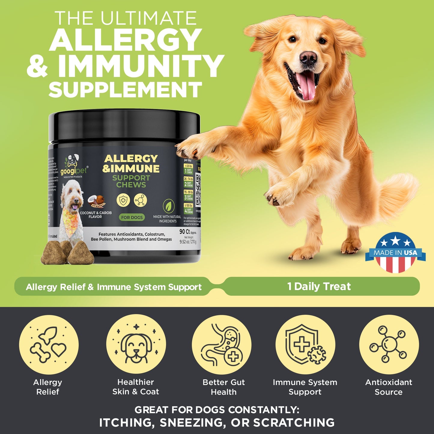 Googipet Allergy & Immune Support Chews for Dogs – Coconut & Carob Flavor