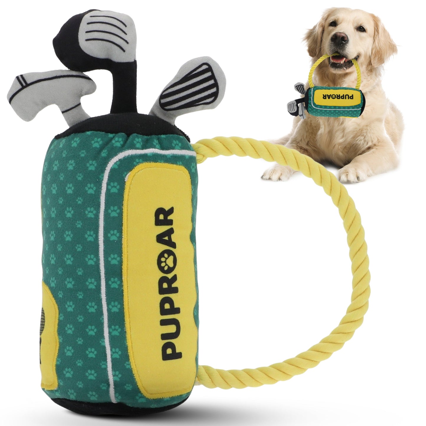 PupRoar Golf Squeaky Plush Dog Toy with Rope