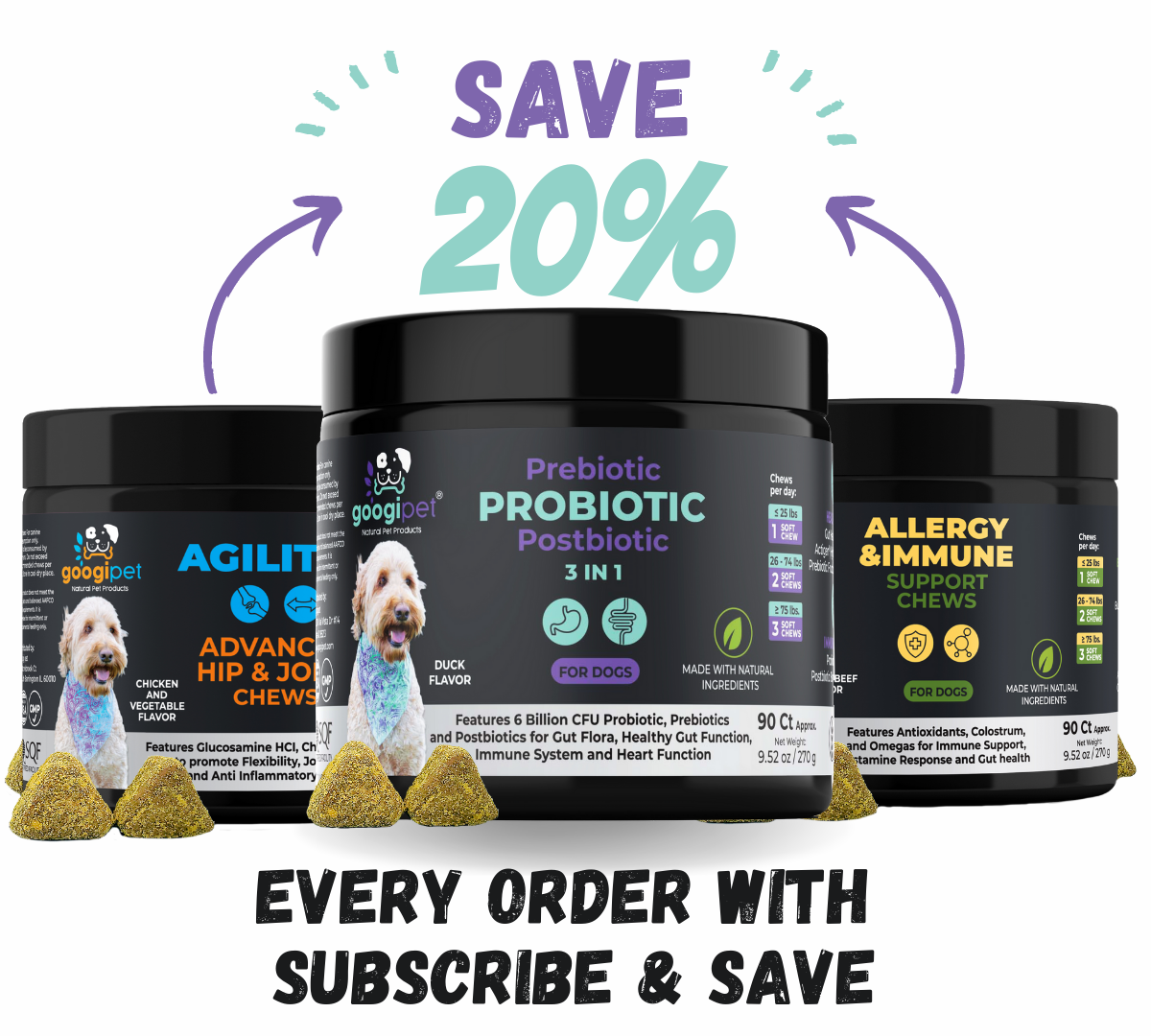 Googipet 3-in-1 Probiotic Chews for Dogs – Gut Health Support