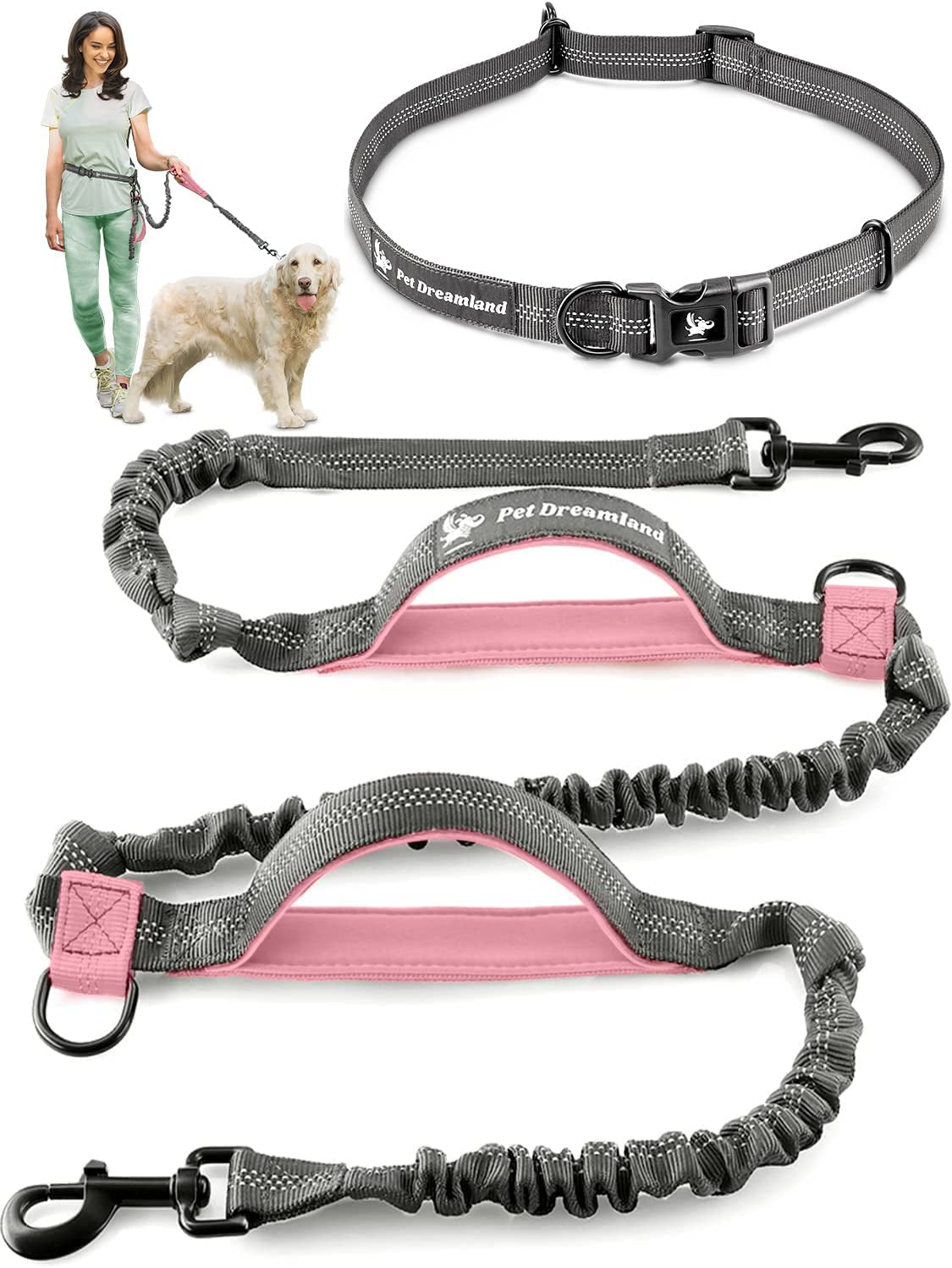 Hands-Free Dog Leash – XL Long Waist Running Leash with Bungee, Reflective Stitching, and Dual Handles