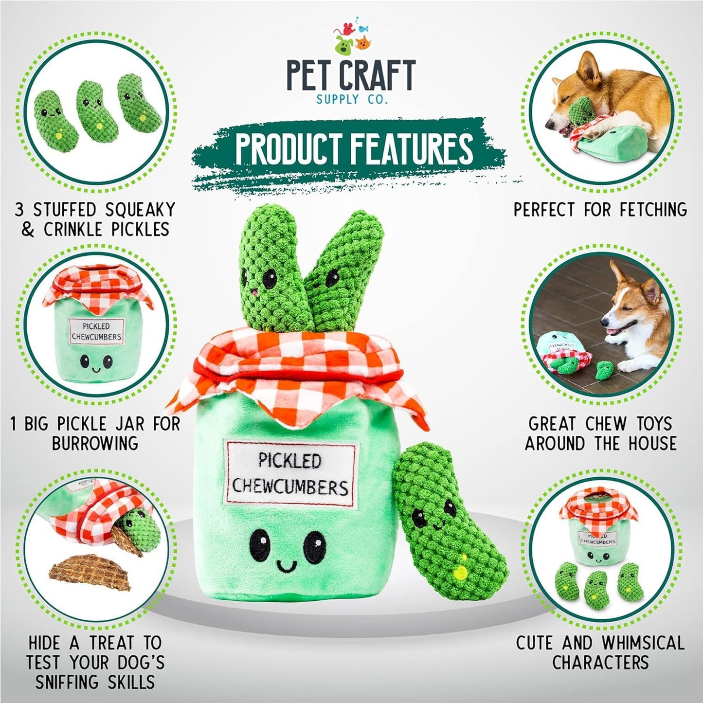 Pickled Chewcumbers Hide and Seek Dog Toy – Plush Squeaky Puzzle Toy for Small and Medium Dogs