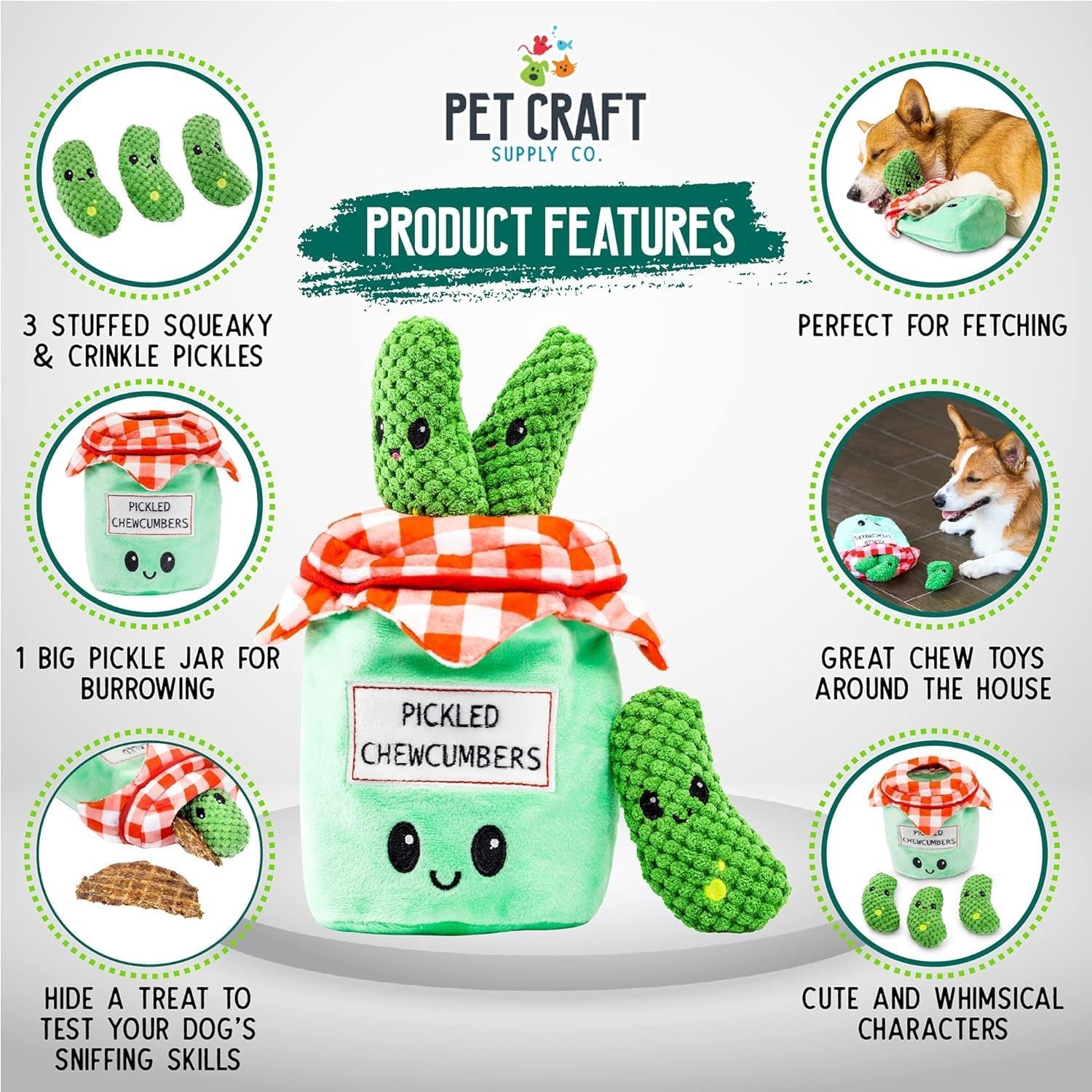 Pickled Chewcumbers Hide and Seek Dog Toy – Plush Squeaky Puzzle Toy for Small and Medium Dogs