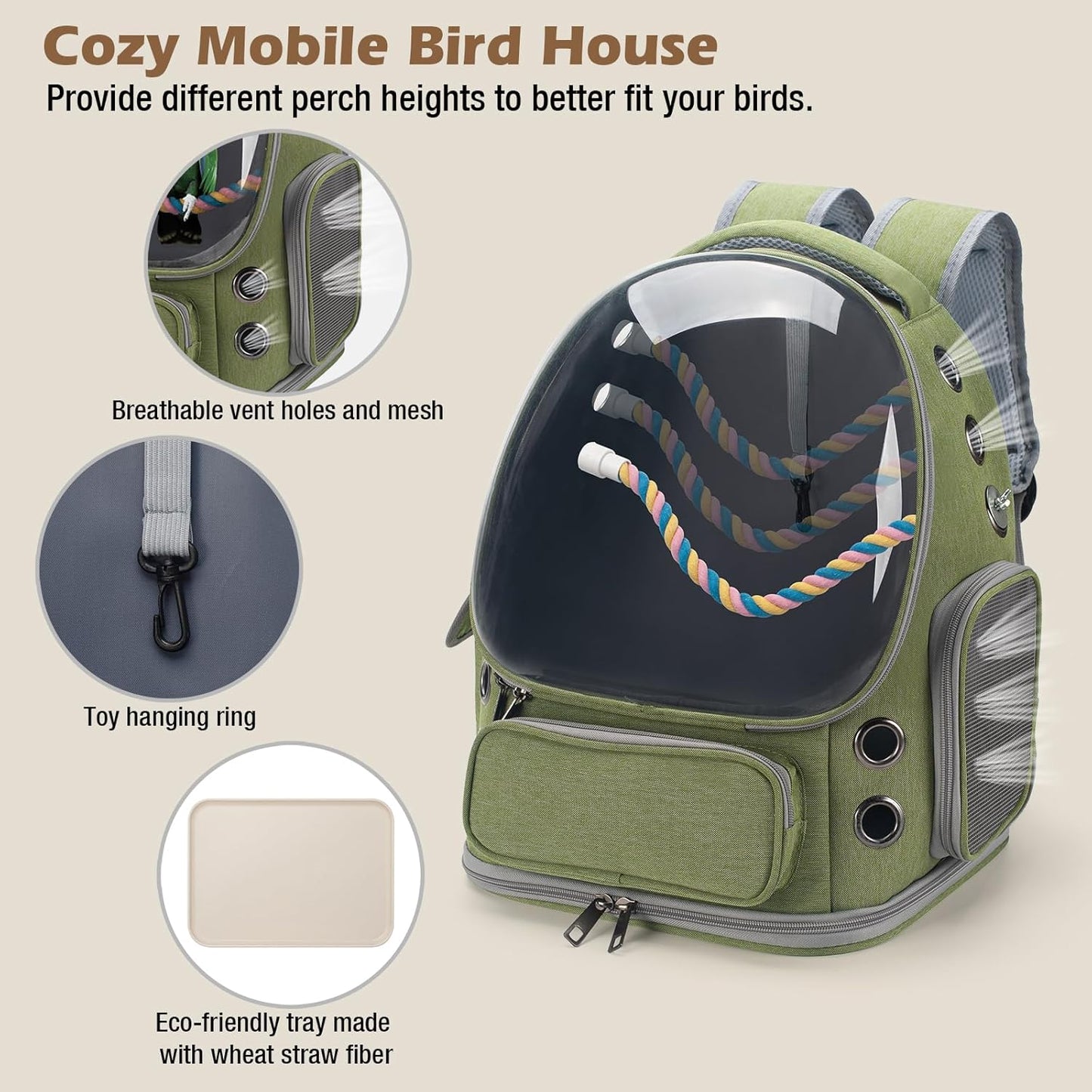 Bird Backpack Carrier – Travel Cage with Perch & Tray – Green