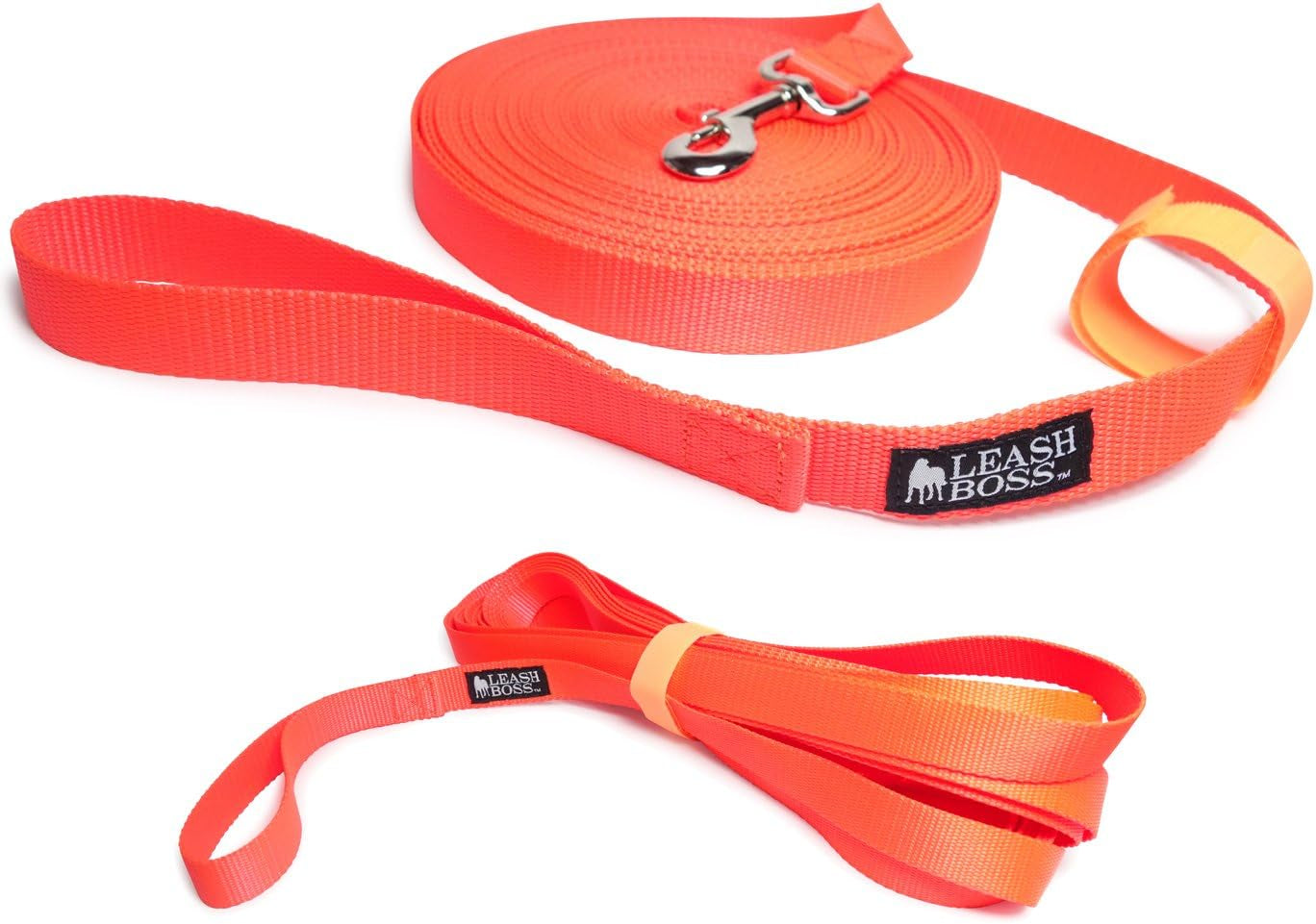 Leash Boss Long Dog Training Leash – 50 Ft Orange Nylon Recall Lead with Storage Strap