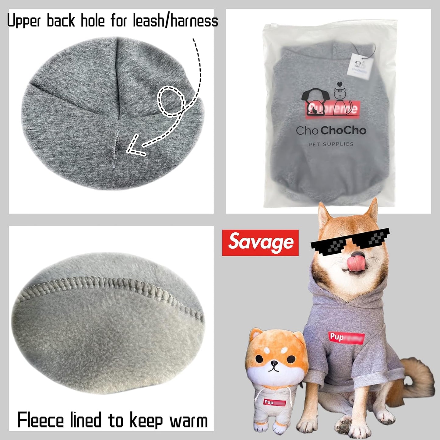 Pup Dog Hoodie – Gray Medium Cotton Fleece-Lined Pet Sweatshirt for Dogs and Cats