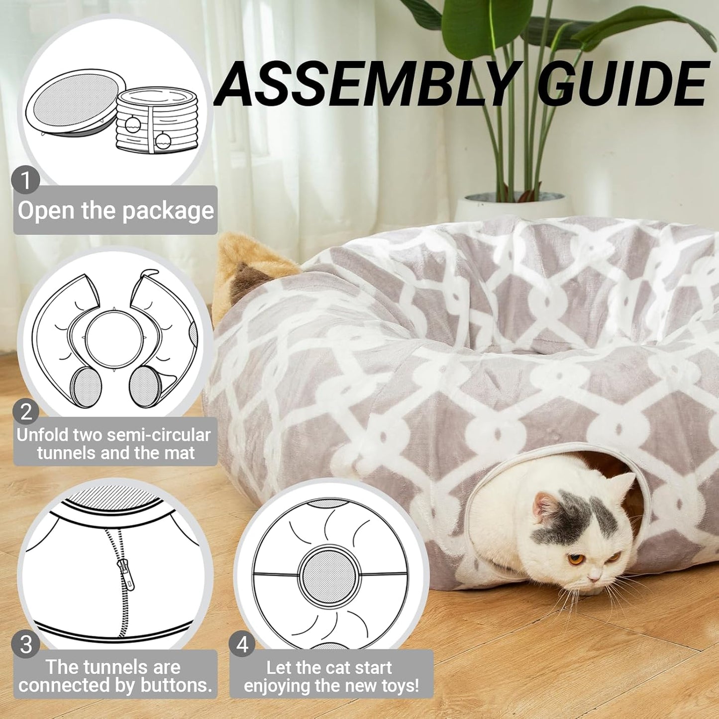 Large Cat Tunnel Bed – Flexible Plush Tunnel with Cushion and Toy Balls for Cats and Small Pets, Gray