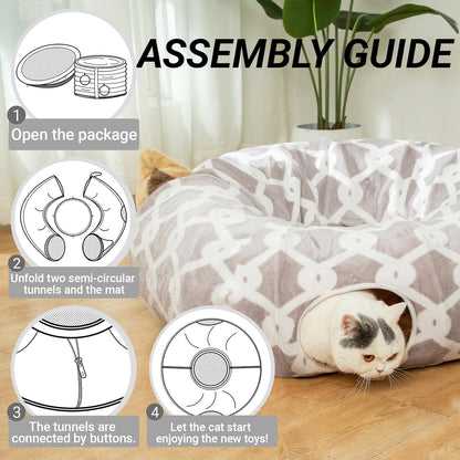 Large Cat Tunnel Bed – Flexible Plush Tunnel with Cushion and Toy Balls for Cats and Small Pets, Gray