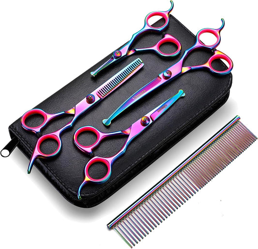 Gimars 6-in-1 Dog Grooming Scissors Set – 4CR Stainless Steel Round Tip Pet Grooming Shears for Dogs and Cats