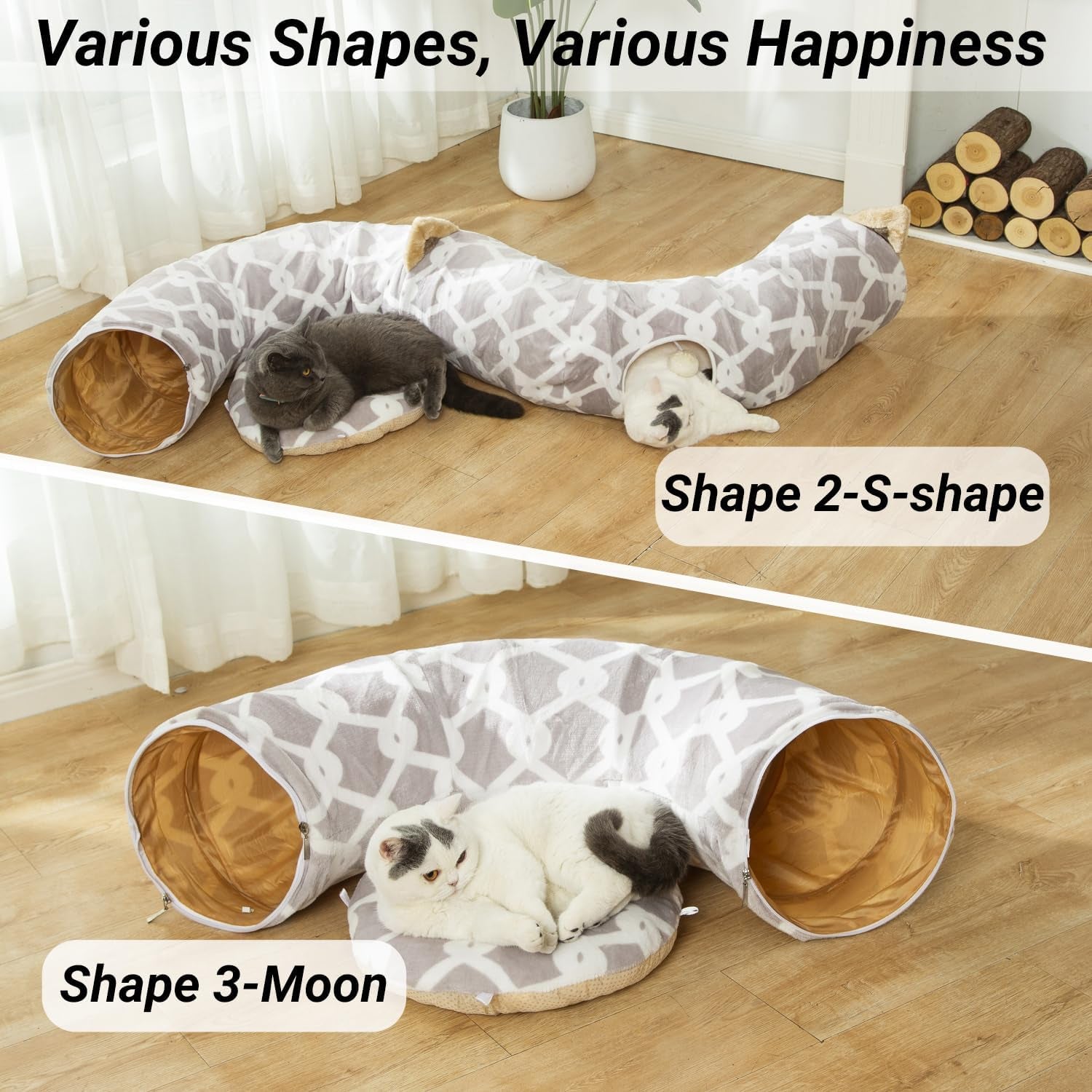 Large Cat Tunnel Bed – Flexible Plush Tunnel with Cushion and Toy Balls for Cats and Small Pets, Gray