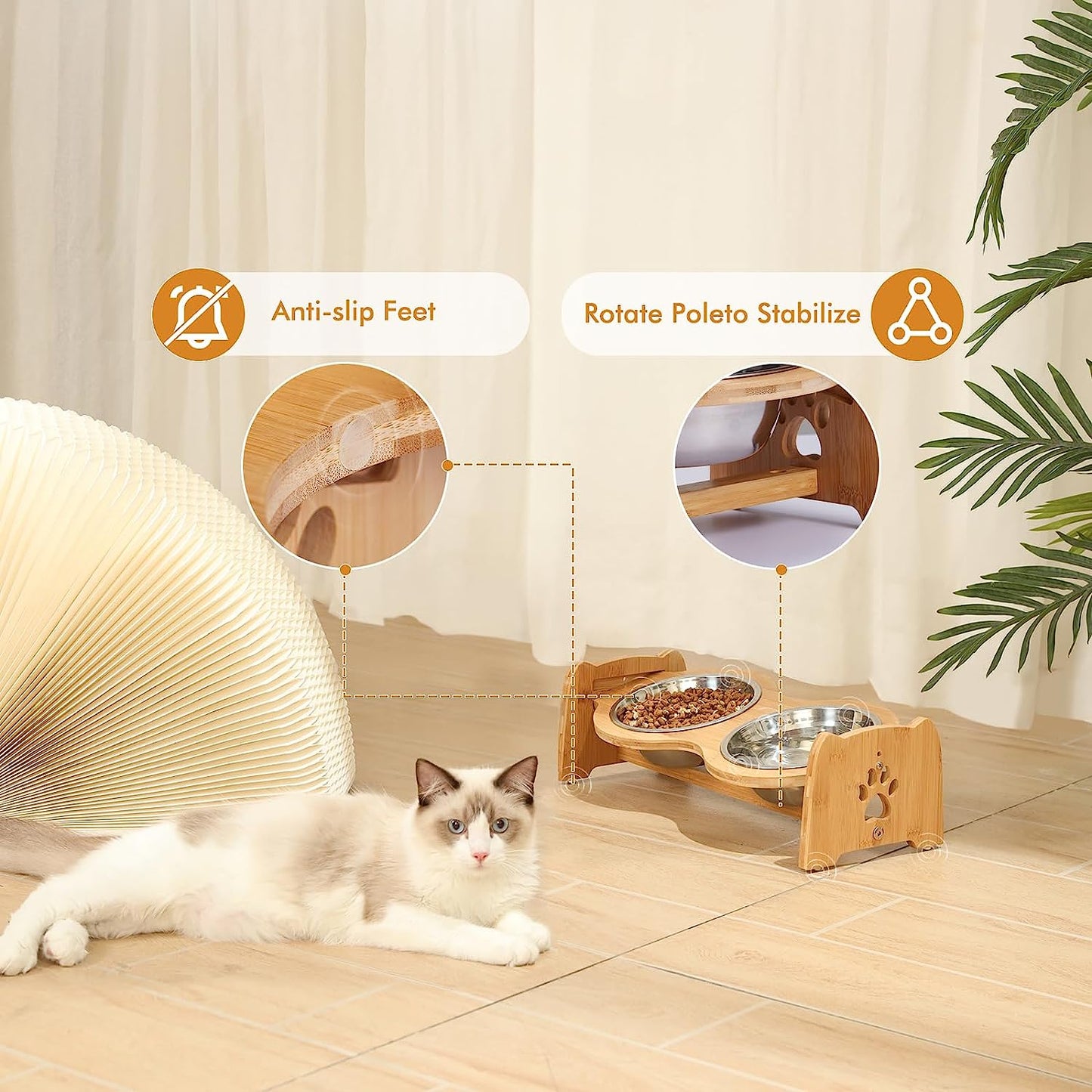 Adjustable Bamboo Raised Pet Bowls – Double Feeder for Small Dogs & Cats
