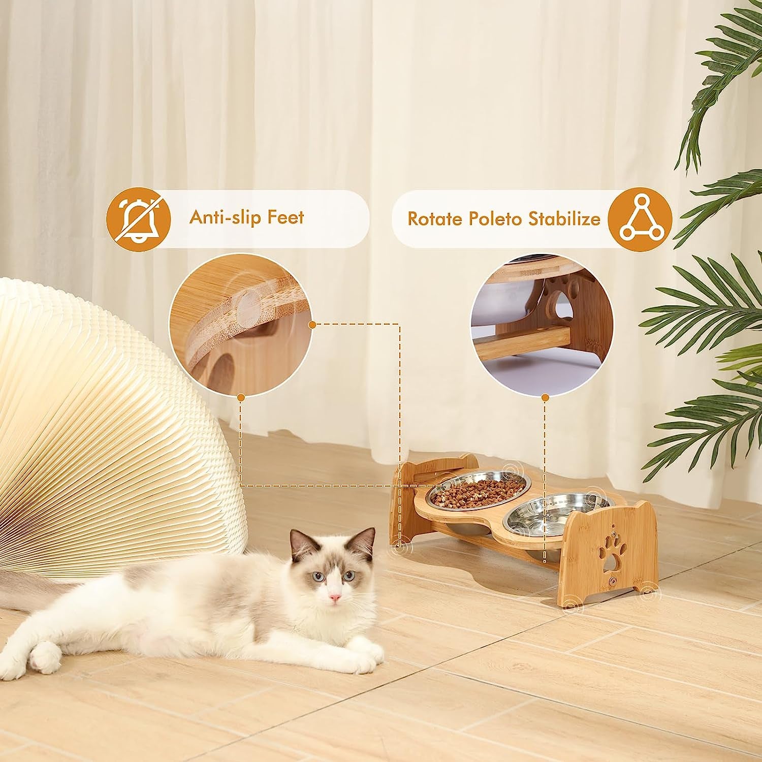 Adjustable Bamboo Raised Pet Bowls – Double Feeder for Small Dogs & Cats