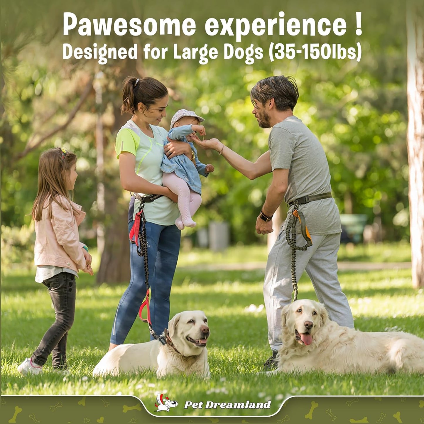 Hands-Free Dog Leash – XL Long Waist Running Leash with Bungee, Reflective Stitching, and Dual Handles