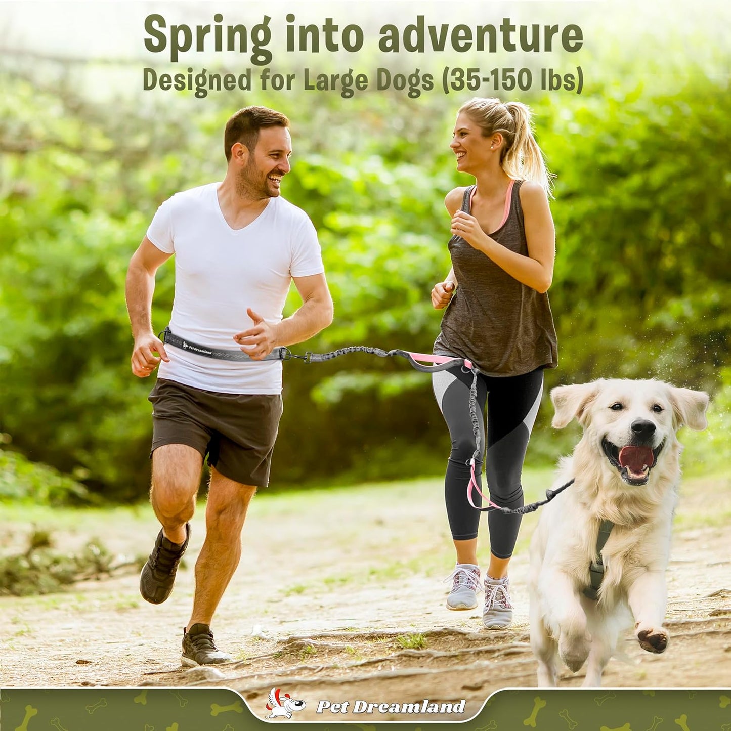 Hands-Free Dog Leash – XL Long Waist Running Leash with Bungee, Reflective Stitching, and Dual Handles