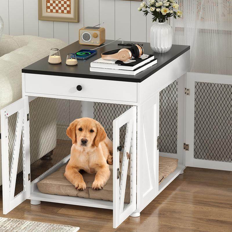 Dog Crate End Table with Drawer & USB