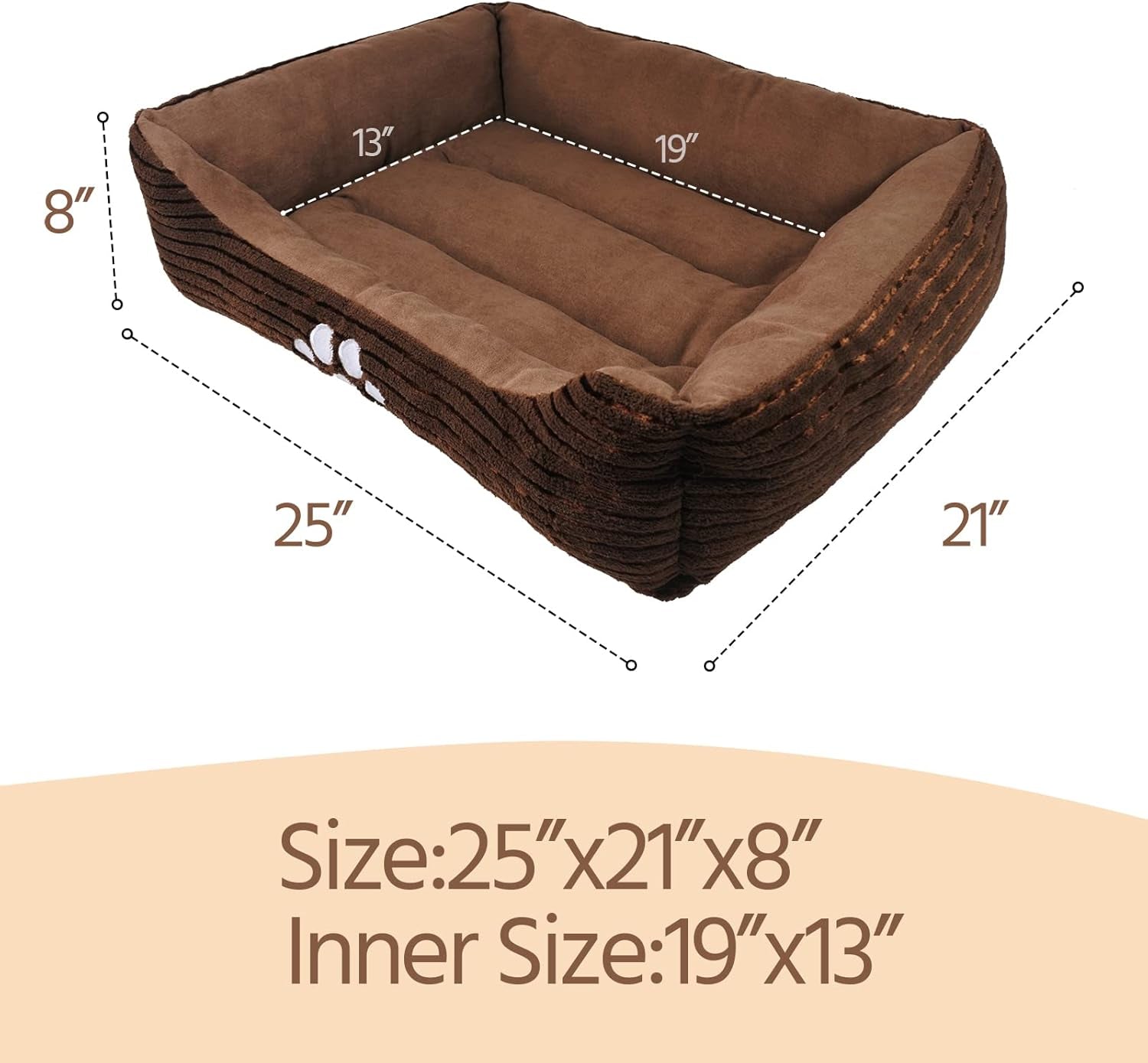 Reversible Rectangle Pet Bed – 25” x 21” Coffee Dog and Cat Bed with Paw Print