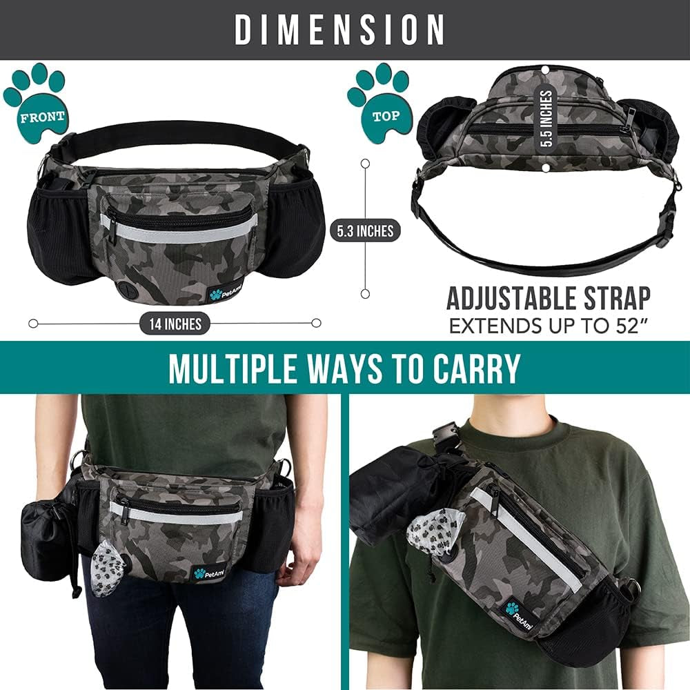 Dog Walking Fanny Pack – Treat Pouch with Poop Bag Dispenser, Water Bottle Holder, and Collapsible Bowl