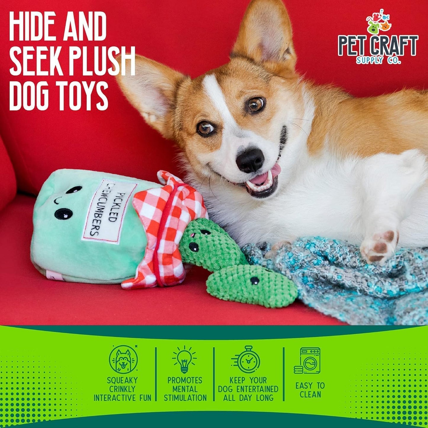 Pickled Chewcumbers Hide and Seek Dog Toy – Plush Squeaky Puzzle Toy for Small and Medium Dogs